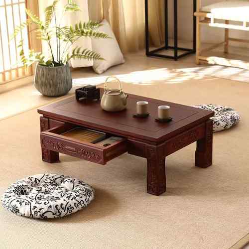 高档邮古雕花榻米茶几彷老榆木炕包桌实木矮榻桌中式抽屉地台矮桌