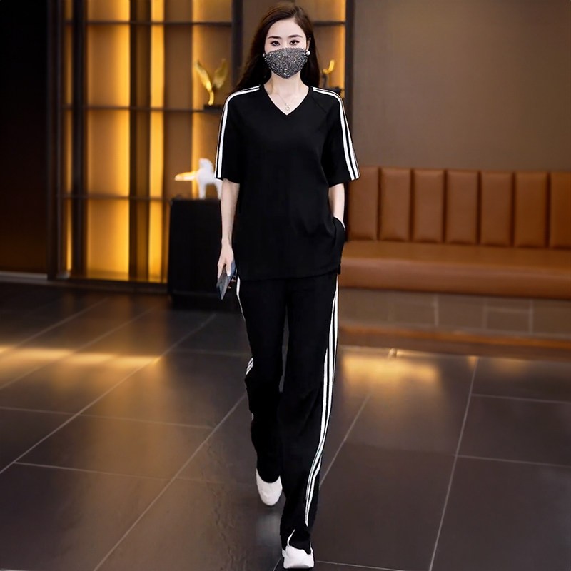 时尚气质休闲 运动套装女2025年夏季宽松显瘦V领长袖阔腿裤两件套
