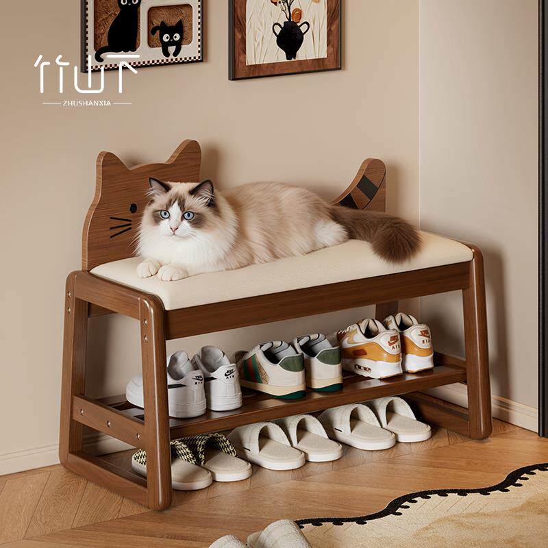 实木小猫换鞋凳2026新款进门可坐储物坐凳一体入户玄关穿鞋长条凳