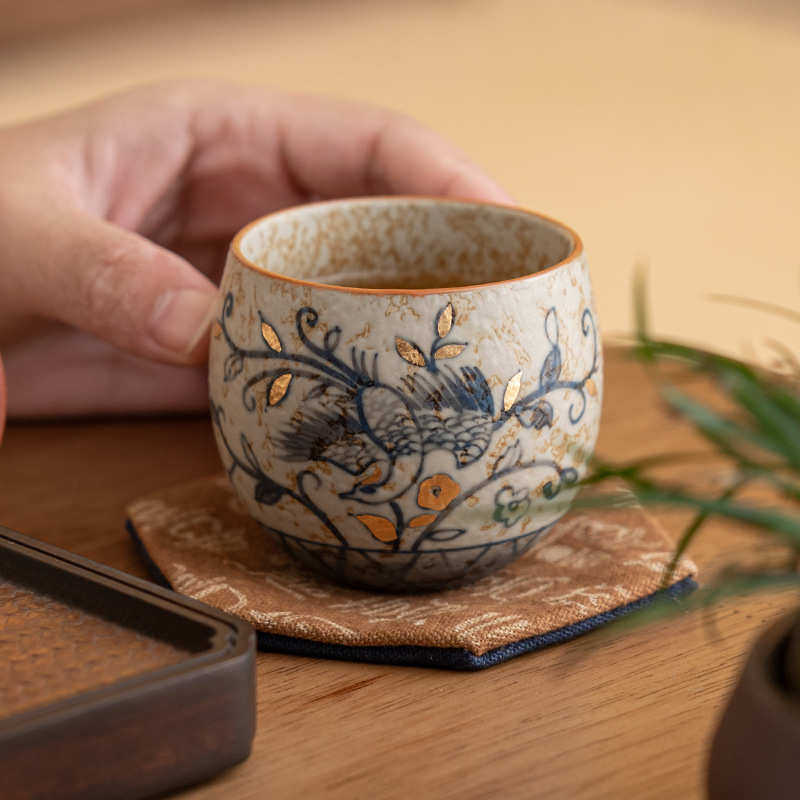 粗陶窑变主人杯大号不倒杯陶瓷单杯复古品茗杯功夫茶手绘青花