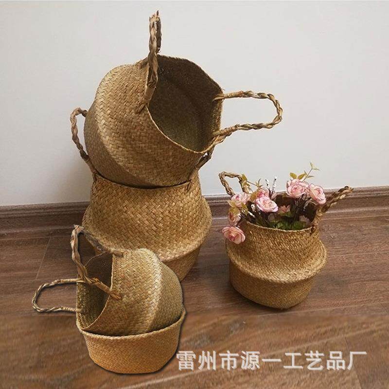 手工海草编织篮编织花盆 园艺装饰手提折叠草编篮北欧花盆