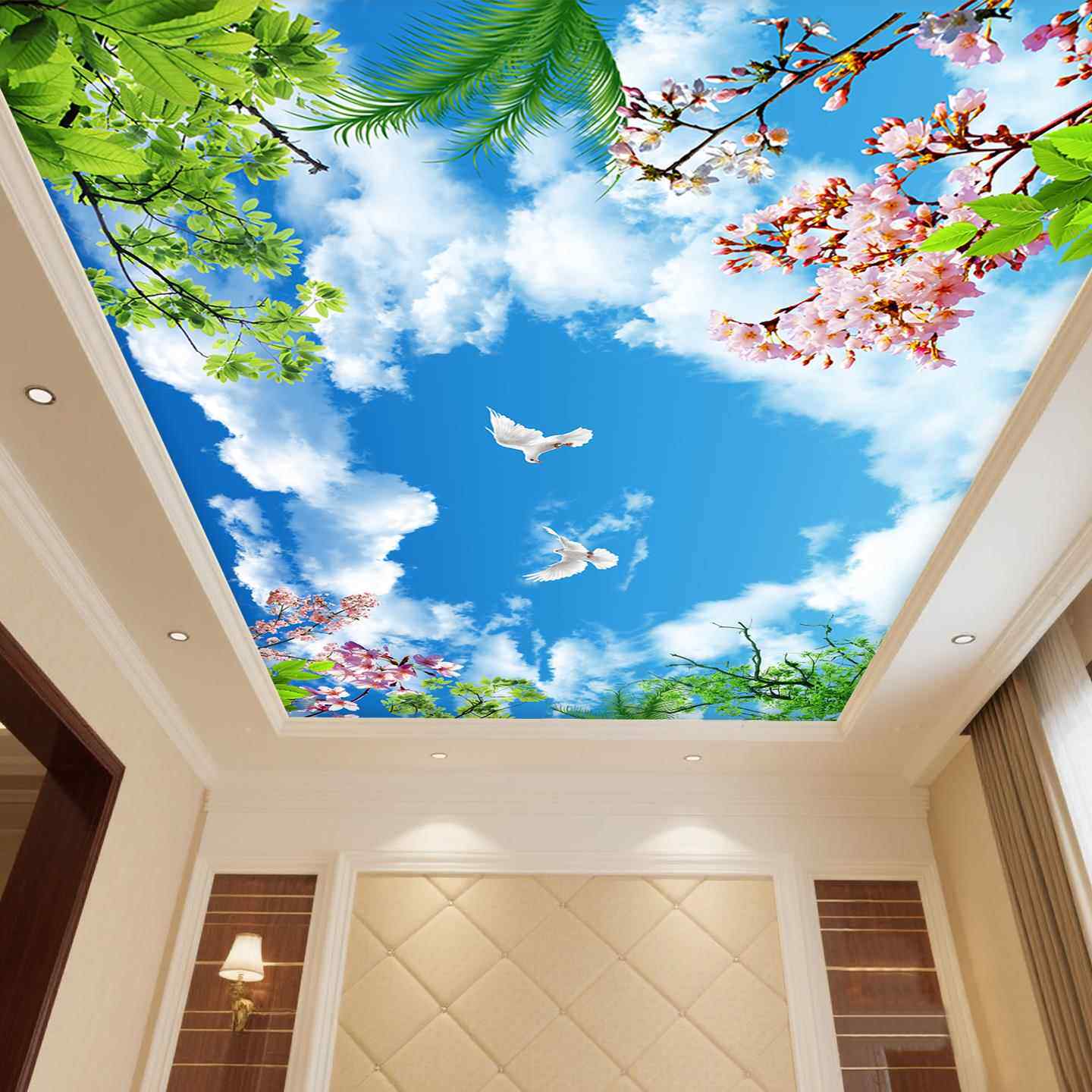 房间顶部悬吊式天花板蓝天白云自粘墙贴画 画室内天花板创意自粘