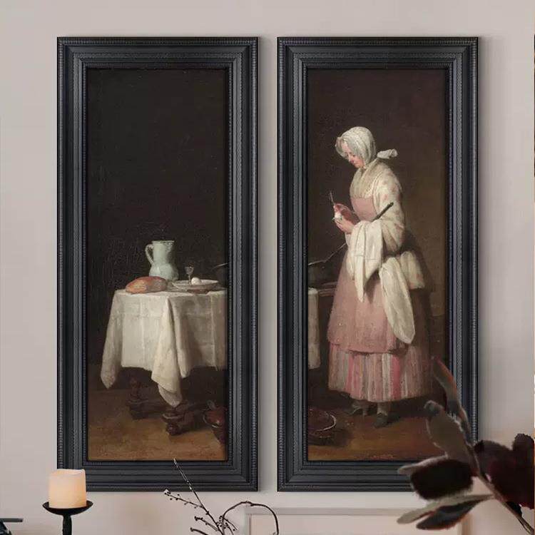 法式客厅竖版装饰画复古人物挂画美式餐厅玄关壁画卧室中古风长条