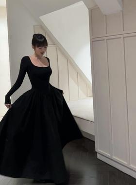 Teptdc|法式黑色方领连衣裙女长袖收腰显瘦高级感赫本风长裙