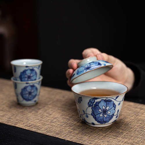 杯装盖碗家用盖碗泡茶碗敬茶奢青花瓷复古小套陶瓷轻三才茶具功夫