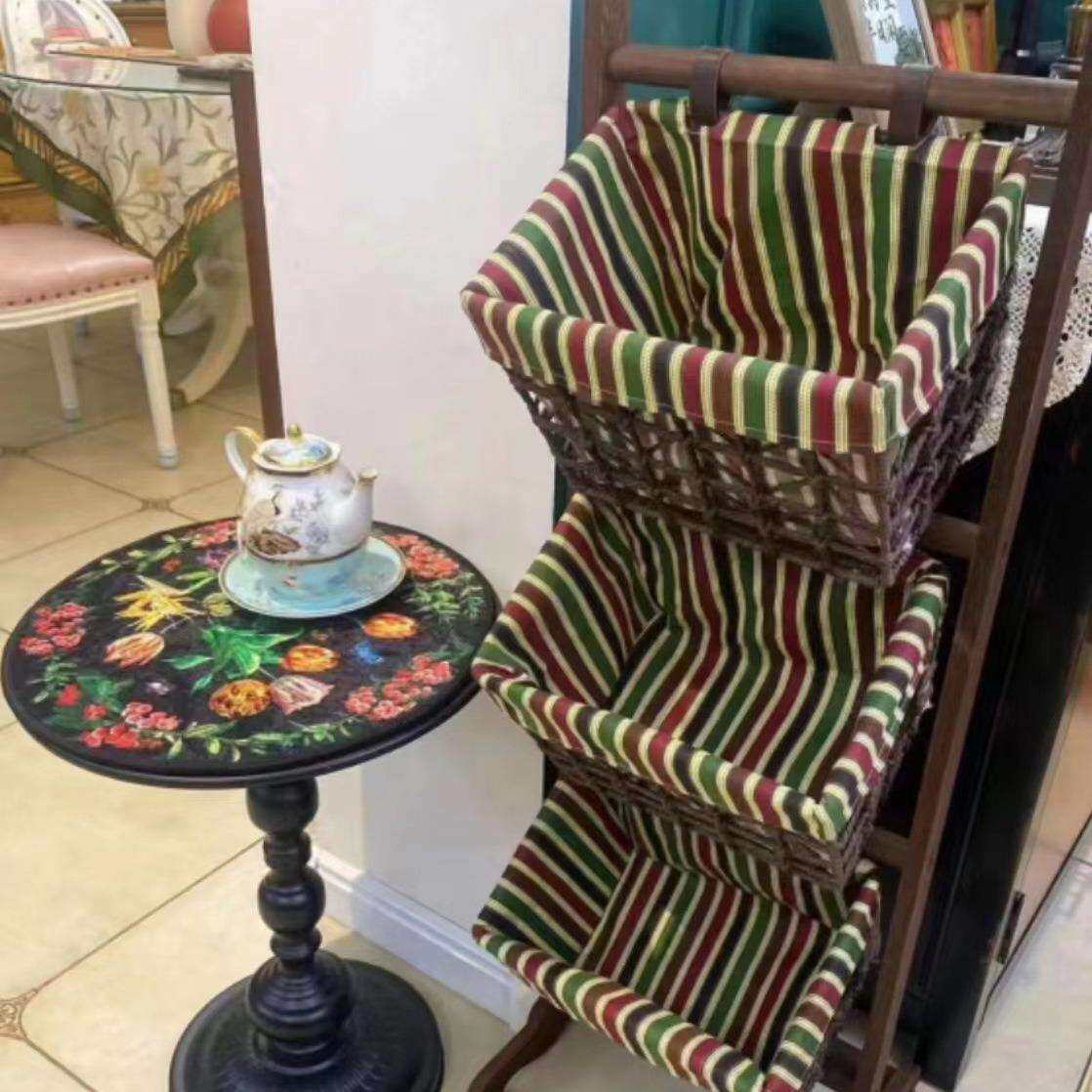 复古田园风落地置物架实木藤编收纳储物架三层吊篮客厅架