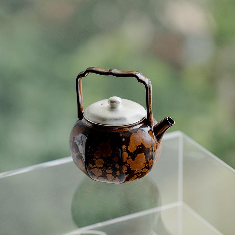窑变栗棕描银苏子八方提梁壶陶瓷单壶茶壶带过滤泡茶冲茶器