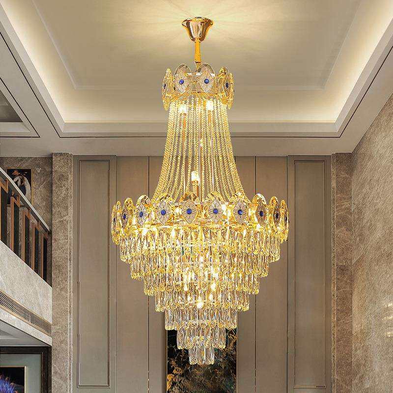 复式别墅客厅水晶灯大堂挑空大吊灯楼中楼中空简约旋转楼梯长吊灯