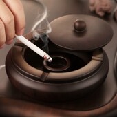 烟灰缸男创意个性 家用北欧客厅大号黑檀实木畑带盖 潮流多功能中式