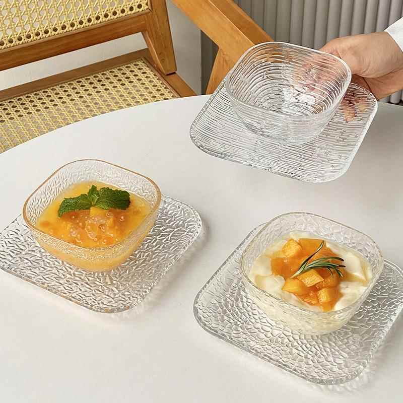 网红饭厅方形玻璃甜品碗碟套装冰淇淋雪糕碗小吃盘酸奶燕窝碗商用
