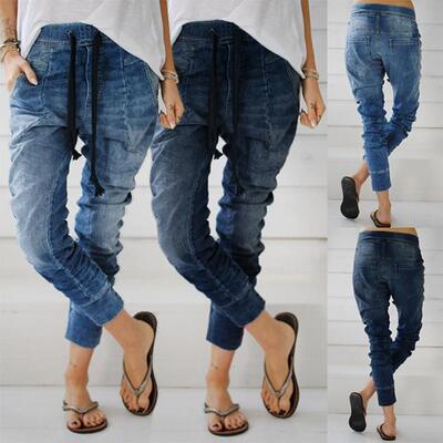 Women's jeans with zip ties, lantern shaped denim pants,