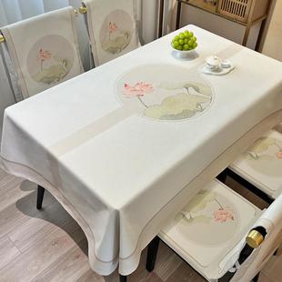 素雅简约新中式荷花棉麻桌布餐桌椅子套罩长方形茶室加厚盖布禅意