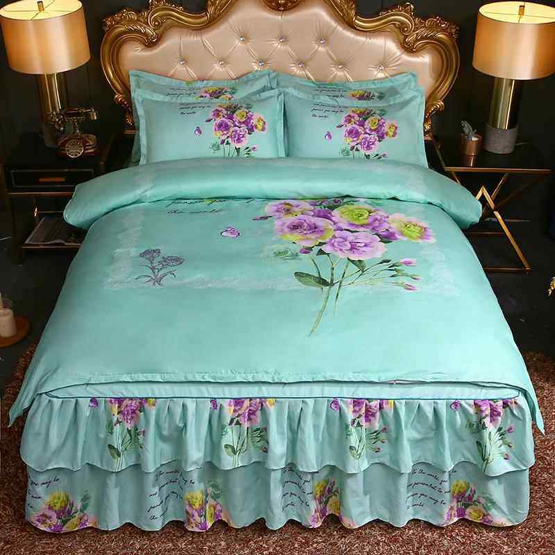 高档婚庆大床裙式红四件套婚喜纯棉庆斜结纹磨毛双人床罩被套床上