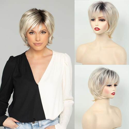 Wig, wig, women's short head, gradient gold wig, headband