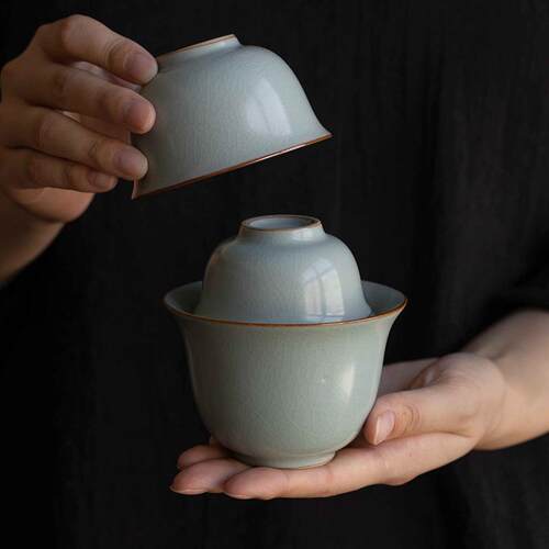 汝窑快客杯一壶二杯旅行茶具便携袋单人汝瓷开片可养金丝铁线青釉