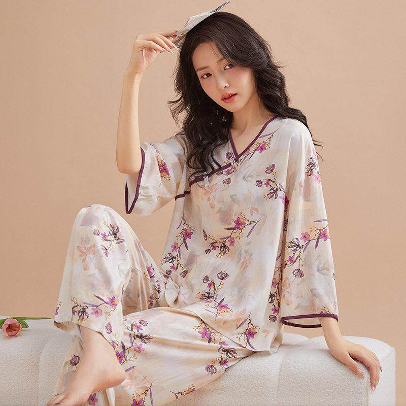 新中式睡衣女春夏秋季新款绵绸盘扣七分袖长裤甜美国风家居服套装