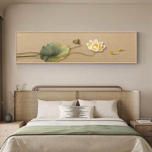 新中式卧室床头装饰画 画简约高级感荷花客厅挂画 画横版茶室背景