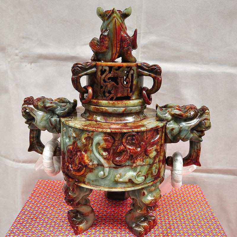 钰程本命年玉器 直径20CM岫玉九龙鼎香炉摆件大号公司财位摆件
