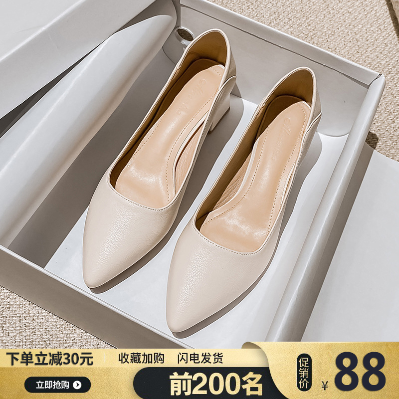 尖头高跟鞋女2025新款春秋百搭职业鞋工作鞋粗跟软皮中跟大码单鞋