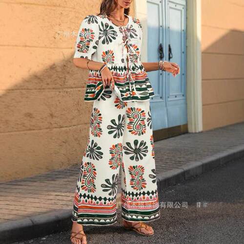 Ladies' floral printed front short sleeved top and high