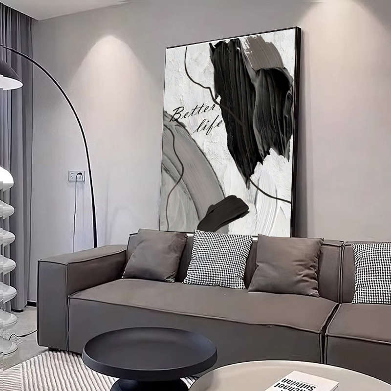简黑白客厅感现代玄关背景挂画画极抽象沙发高级装饰画落地壁画墙