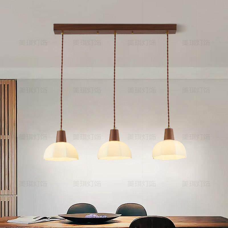 黑胡桃木饭厅灯吊灯三头玻璃北欧led餐桌饭厅灯现代中式吧台灯具