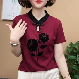 新中式t恤女2024夏季国风盘扣，植绒绣花短袖，时尚洋气显瘦上衣