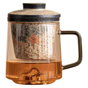 青花火石红玻璃茶杯茶水分离杯描金绣球花云归办公杯复古高档杯子