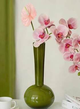 中古琉璃花瓶高级感绿色摆件桌面办公室干花花束客厅摆设一枝花高