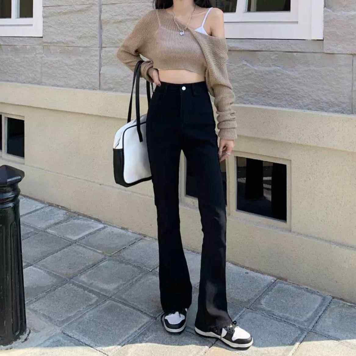 牛仔裤子女秋季2025新款潮ins设计感小众微喇裤高腰显瘦黑色长裤