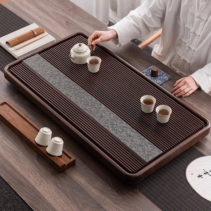 全自动一体式实木茶盘简约天然乌金石家用茶海排水托四合一套装