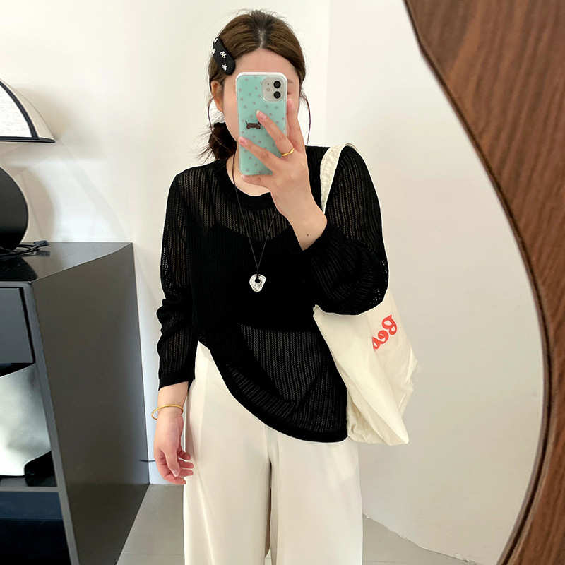 大码女装圆领镂空薄款上衣女长袖罩衫2025夏胖mm条纹针织衫22252