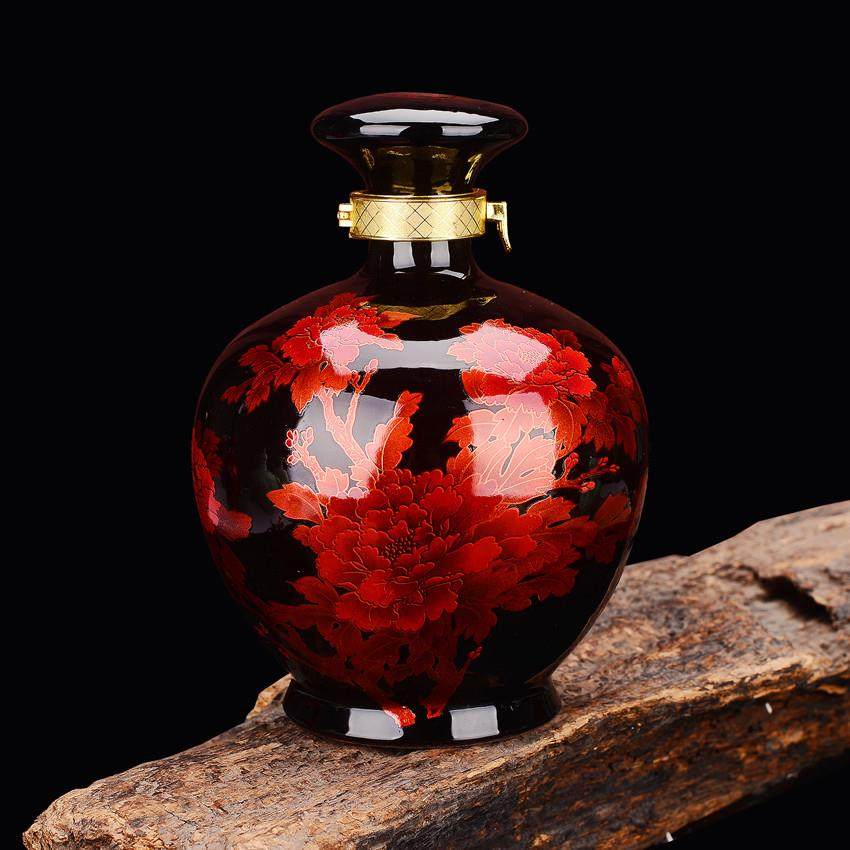 景德镇3/5斤黑水晶釉红牡丹密封泡酒瓶白酒坛 磨菇盖泡酒瓶酒具