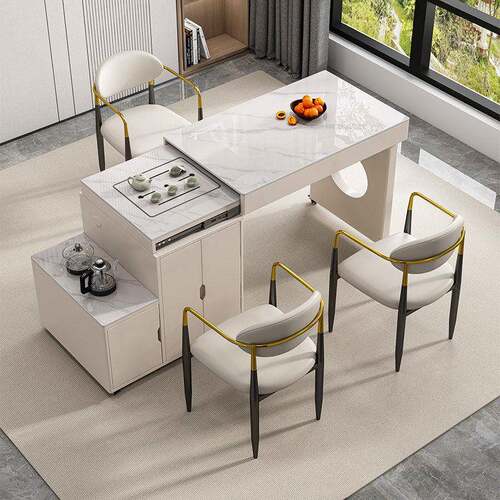 阳台小户型可伸缩轻奢岩板茶桌椅组合家用多功能折叠旋转茶几茶台