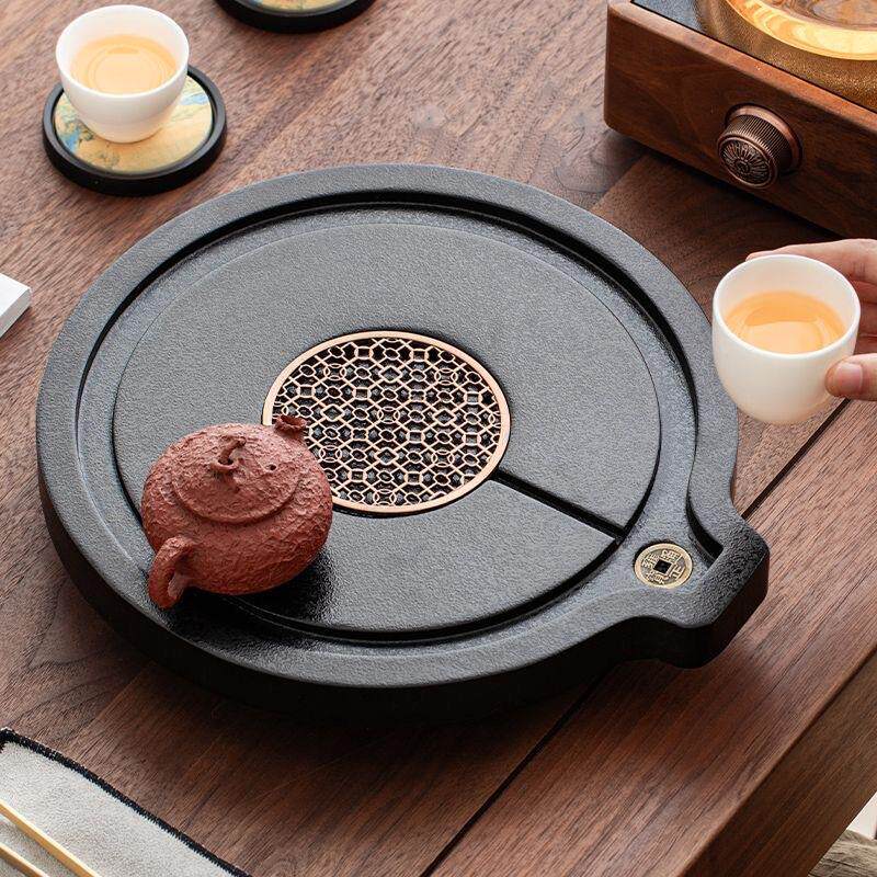 2025新款仿乌金石圆形石磨茶盘家用沥水盘茶托盘茶具茶海套装干泡