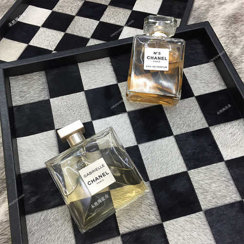 手工棋盘格真马毛皮托盘实木黑白灰样板间装饰品方形高档收纳盘