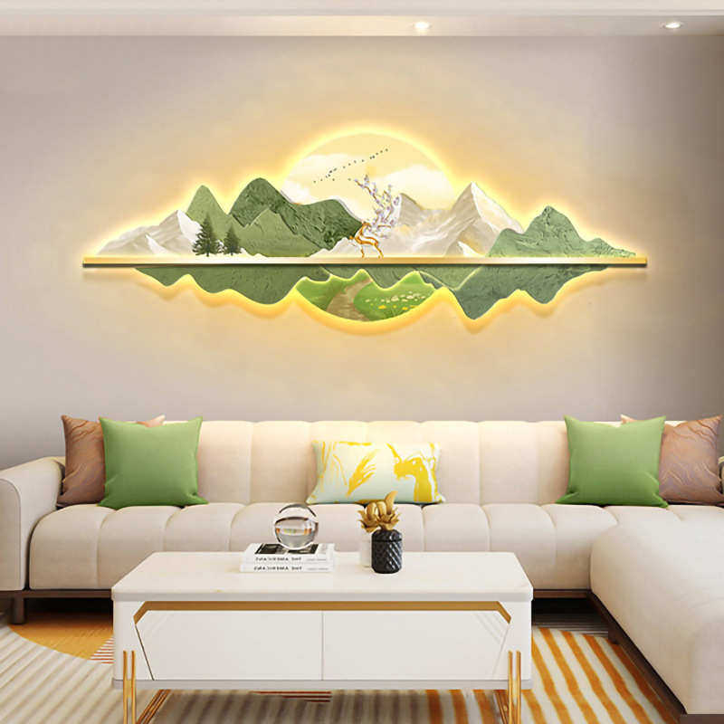 北欧绿色小清新客厅装饰画简约高档原木风LED沙发背景墙山水灯画,家居饰品,现代装饰画,淘宝优惠券,粉丝福利购,淘宝优惠卷