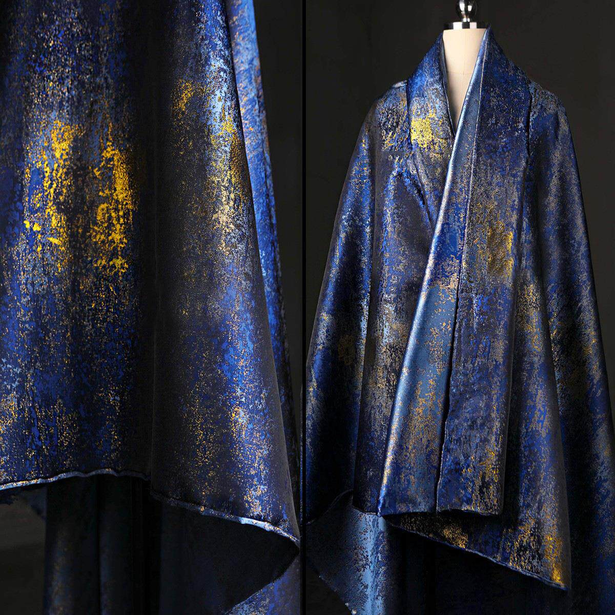 蓝色黑色鎏金提花挺阔双面不规则廓形裙手工包外套服装设计师面料
