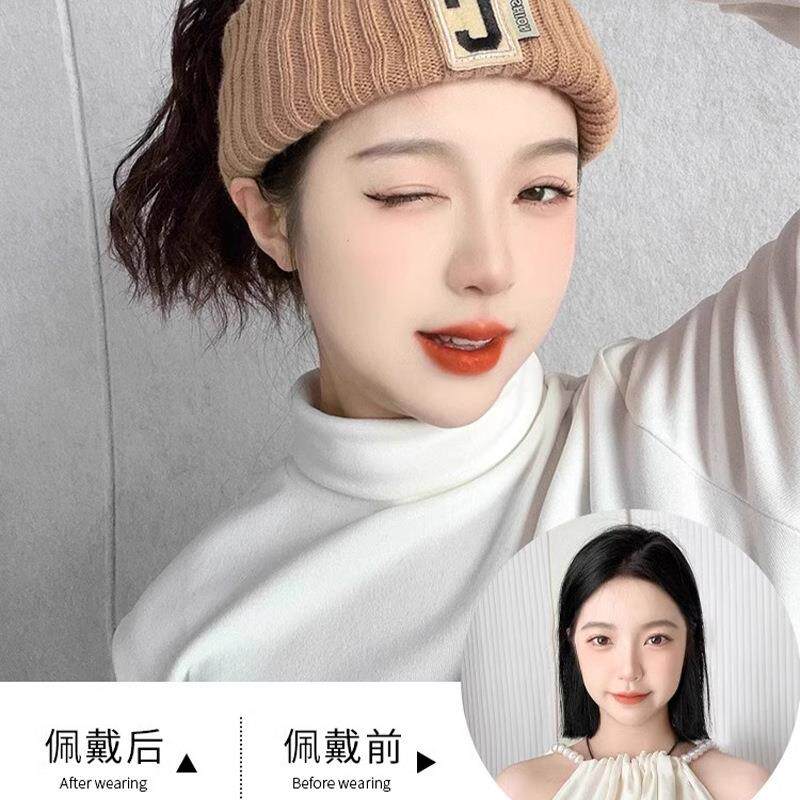 新款直销假发帽子一体女秋冬季时尚百搭发带束发短卷发空顶帽针织