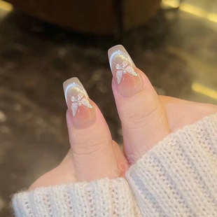 穿戴甲B827捕梦少女中长梯形美甲成品蝴蝶闪粉显白甲片24片一件代