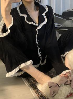 微商网红睡衣女秋冬季韩版ins风花边可爱长袖长裤套装女士家居服