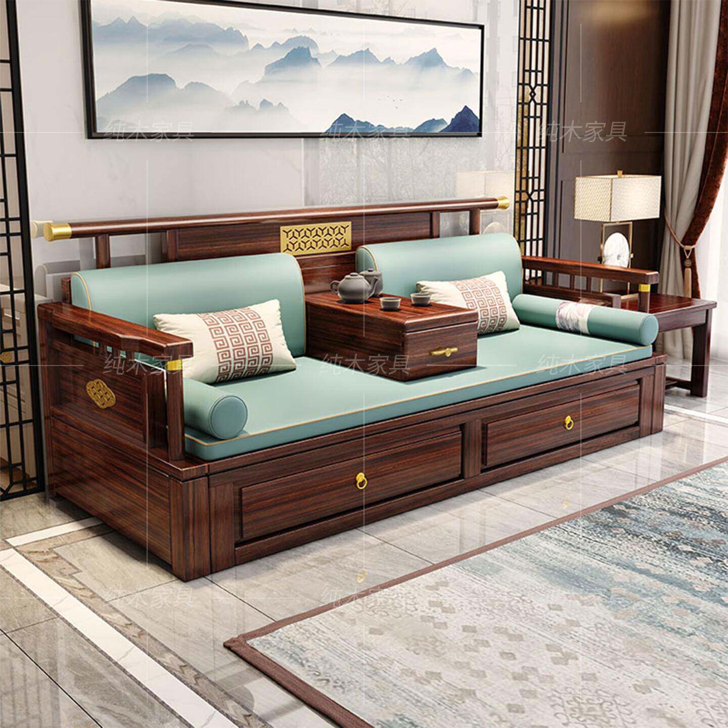 新中式实木罗汉床贵妃榻推拉折叠两用2026款小户型客厅单人沙发床