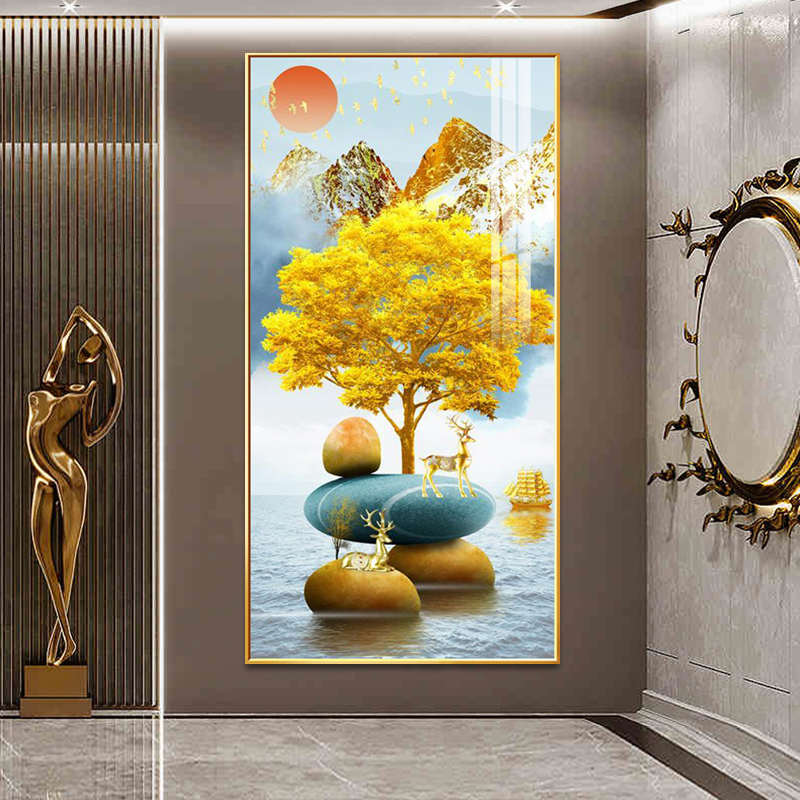 玄关竖版晶瓷轻奢壁画装饰画正现代简约镶钻走廊过道入户对门定做图片