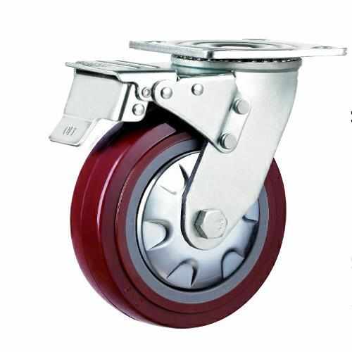 XFXS 重型塑芯枣红PU万向双刹 防缠绕聚氨酯轮铁盖推车脚轮搬运车