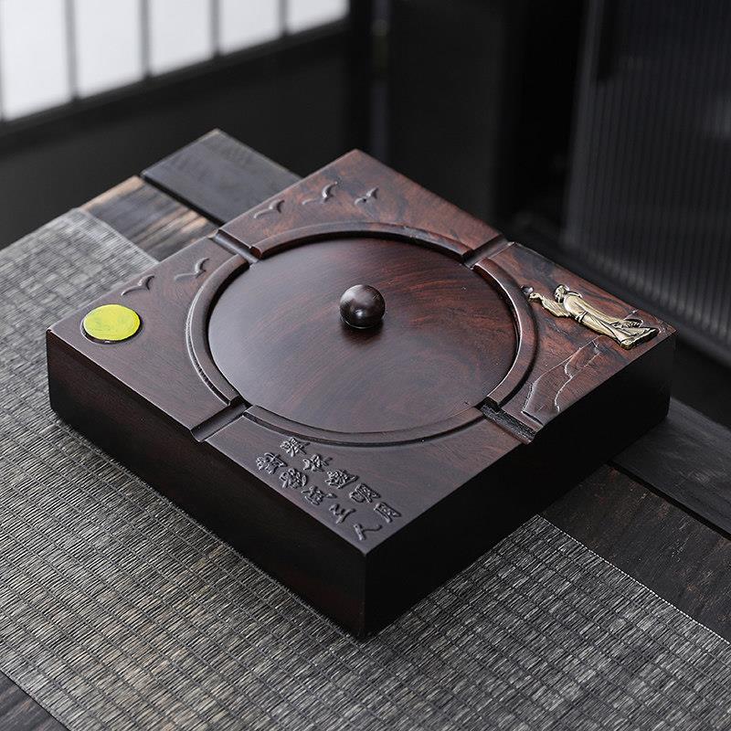烟灰缸带盖子家用防风烟灰缸创意个性潮流客厅黑檀实木大号复古中