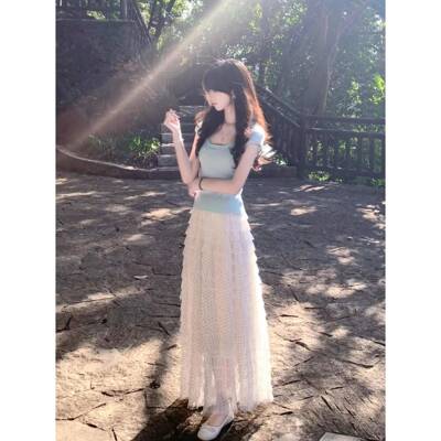 蕾丝波点网纱蛋糕半身裙女春夏高腰显瘦休闲垂感a字大摆伞裙长裙