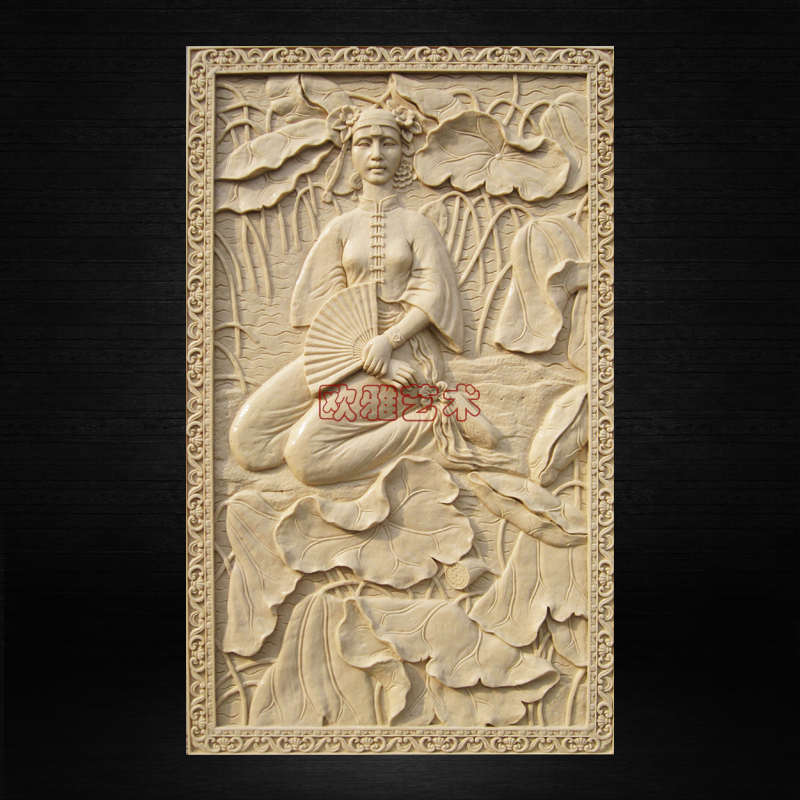 酒店别墅外墙装饰浮雕背景墙砂岩荷花美女图玄关屏风艺术壁画定制图片