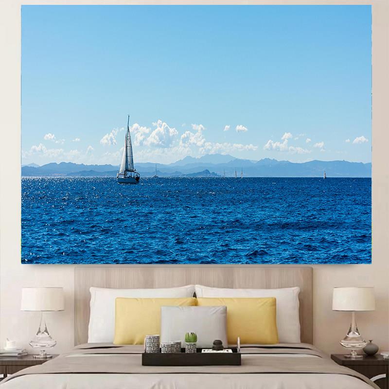 海边卧室装饰毯床头挂布沙发风景大海主卧背景墙房间客厅帆船壁帘