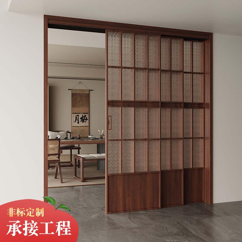 中古风胡桃木复古推拉门三联动厨房阳台客厅隔断吊轨地轨移门定制图片