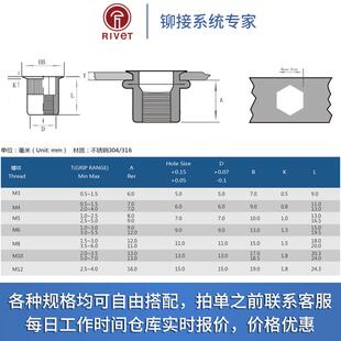 拉铆M螺母304不锈钢平头拉母通小沉头半六角M拉228铆母拉卯钉孔3